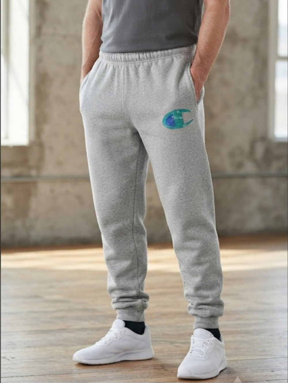 Champion Men Powerblend Fleece Blue/Teal Big C Logo Gray Sweatpants Joggers  XL
